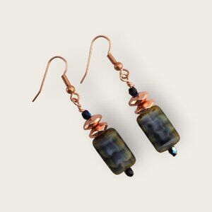 Blue Green Bohemian Czech Glass and Copper Earrings Hematite